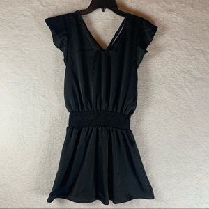 LUNA CHIX Women's Black Flutter Sleeve Double V-Neck Smocked Waist Mini Dress XS